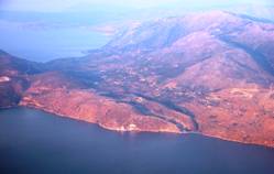 Fig.2: Thinia valley, beneath which the marine channel separating Paliki from the rest of Kefalonia is purported to be buried. The valley is 6km long, up to 2km wide and rises to c.180m at its saddle.